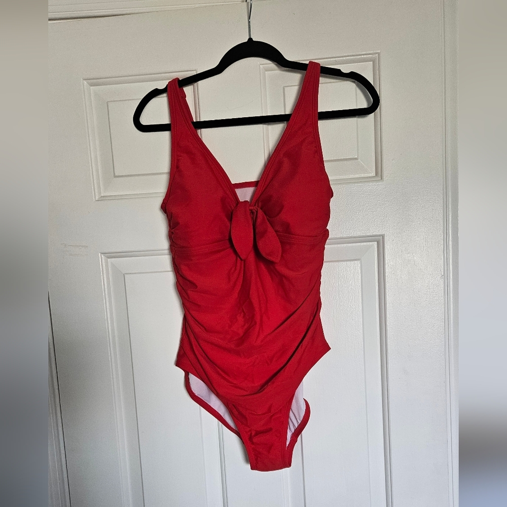 Red V-Neck One Piece Swimsuit with Ruched Bust